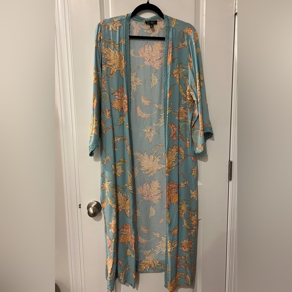 Jessica Simpson Floral Kimono Boho Open Duster Coverup in Blue and Orange
